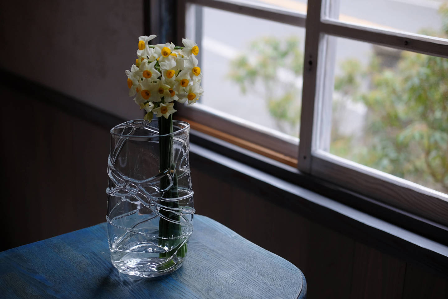 窓辺のガラスの花器に生けた水仙